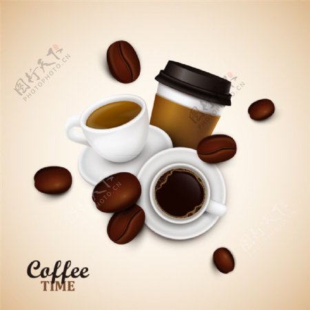 美味咖啡和咖啡豆矢量素材