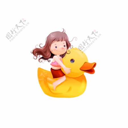 卡通骑着鸭子的女孩