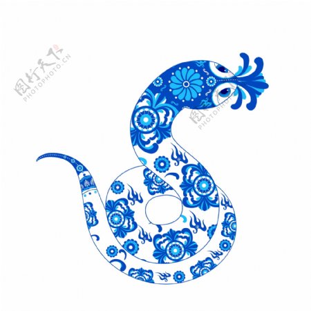 青花瓷卡通蛇插画图片
