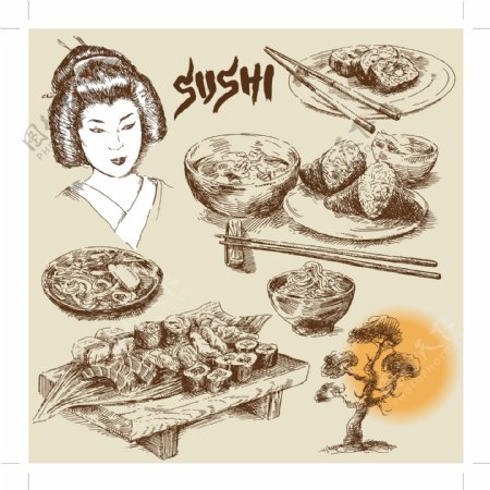 日本美女餐具树木和美食插画