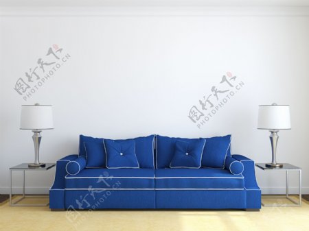 蓝色沙发与台灯图片