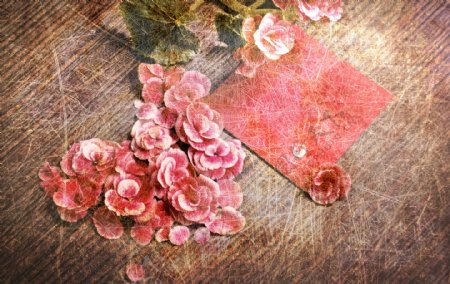 复古的红色卡片与花朵爱心背景图片