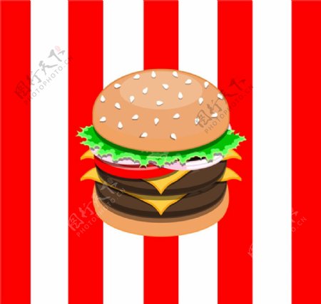 红白条纹背景美味汉堡