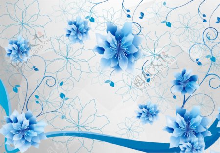 蓝色花朵简约背景墙