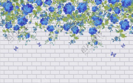 蓝色花卉砖墙背景墙