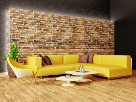 黄色沙发和背景墙