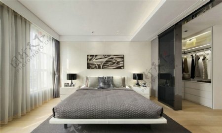 现代简约卧室大床落地窗设计图