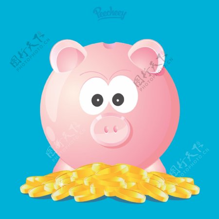 带金币的粉红色小猪储蓄罐高清图
