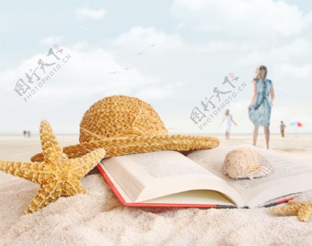 沙滩帽子海星图片