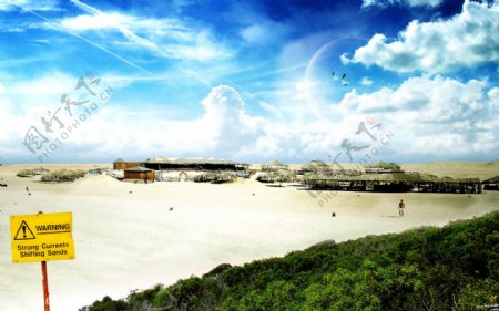 蓝天白云沙滩风景图片