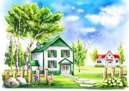 清新树林里的房子插画图片设计psd素材