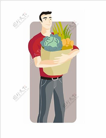 手抱蔬菜的年轻男子图片