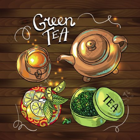 彩绘美味绿茶插画矢量素材