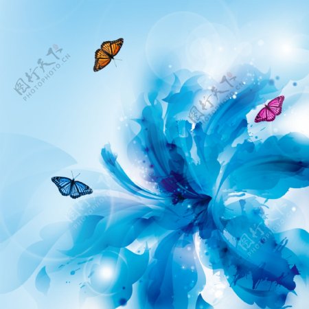 渲染花朵效果蝴蝶光晕蓝色背景素材