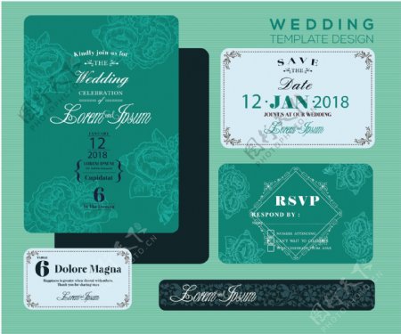 婚礼邀请卡设计与绿色散景背景自由向量