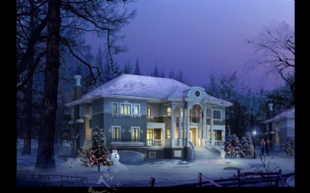 圣诞节房子雪景效果图PSD分层素材