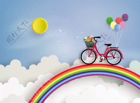 自行车与彩虹背景矢量素材下载