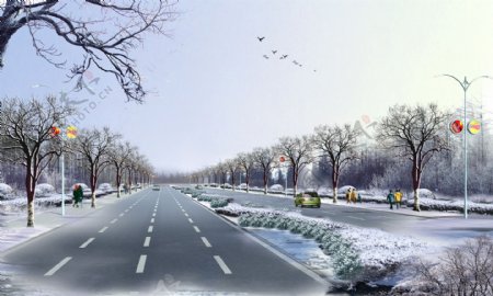 马路雪景景观图片