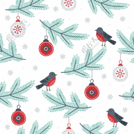 圣诞树枝小鸟可爱卡通矢量图背景素材