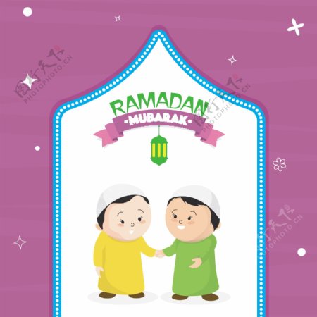 伊斯兰圣月RamadanMubarak贺卡设计与幸福的男子插图