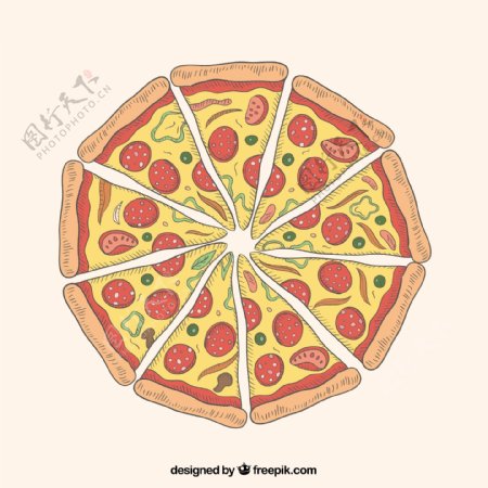彩色香肠披萨俯视图矢量素材