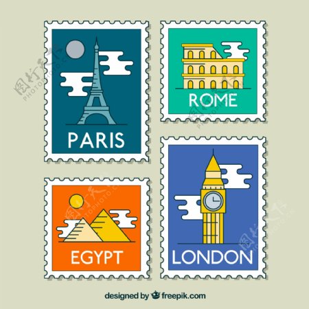 4款创意世界旅行邮票矢量