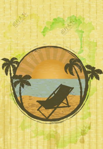 夏日沙滩上的椰子树和太阳椅矢量素材