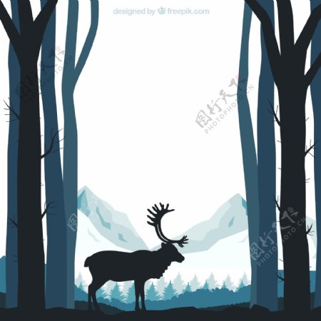 森林中的驯鹿剪影矢量图