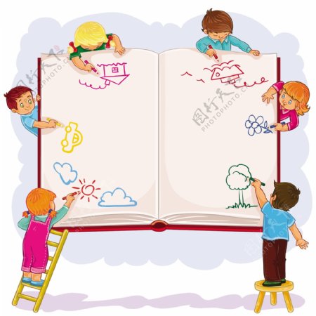 在一个大的纸本上画的孩子们快乐的在一起