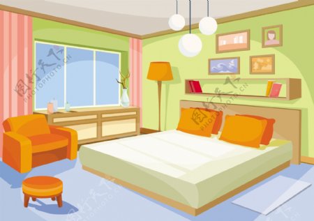 矢量卡通插画室内橙蓝色卧室客厅与床软椅子