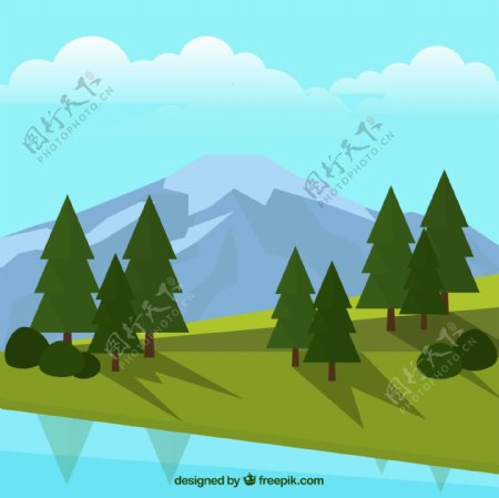绿色山坡树木和远山风景矢量