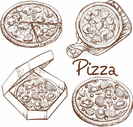 整套矢量插图整个比萨和切片比萨在木板上比萨饼在一个盒子里交货