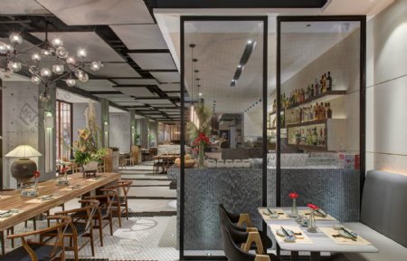 现代时尚潮流餐厅灰透明玻璃隔断工装装修图