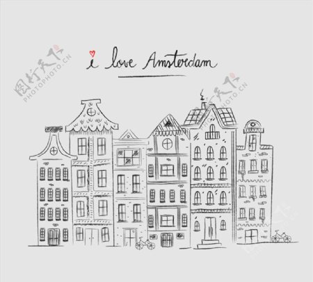 手绘荷兰阿姆斯特丹建筑矢量素材