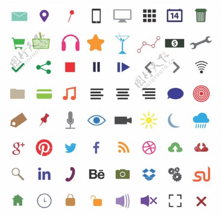 彩色网页UI商务社交多媒体icon图标