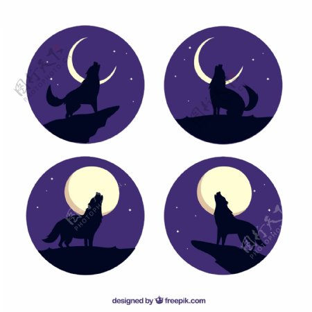 四只狼在月亮上嚎叫