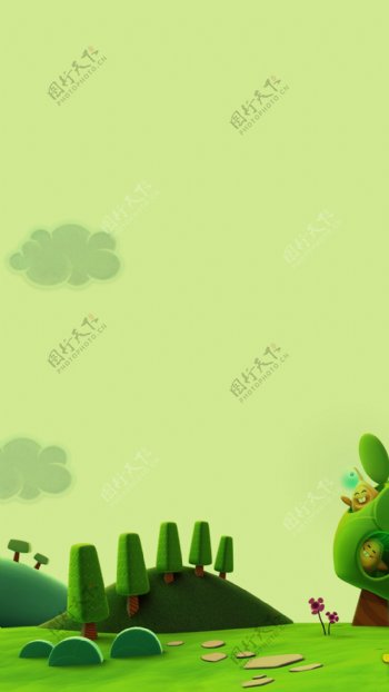 手绘清新绿色树木H5背景素材