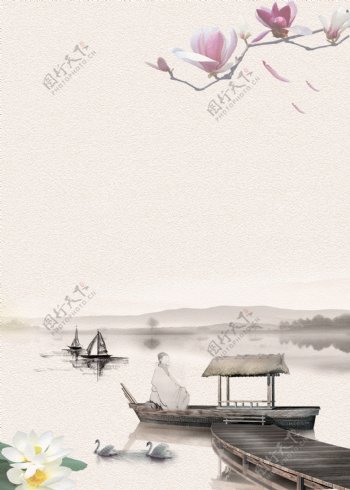 中国风水墨小船背景