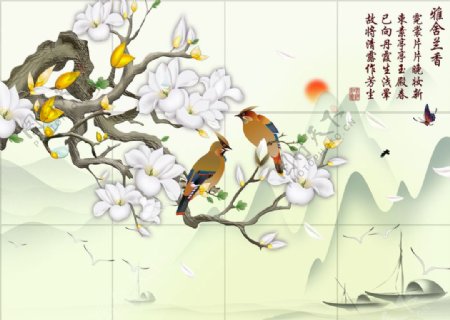 中式玉兰花山水风景画雅舍兰香