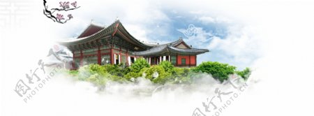 绿色植物寺庙banner背景素材