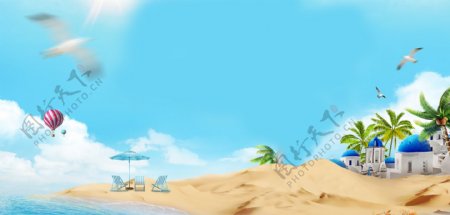 海鸥蓝色大海沙滩banner背景素材