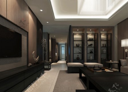现代冷感客厅深褐色背景墙室内装修效果图