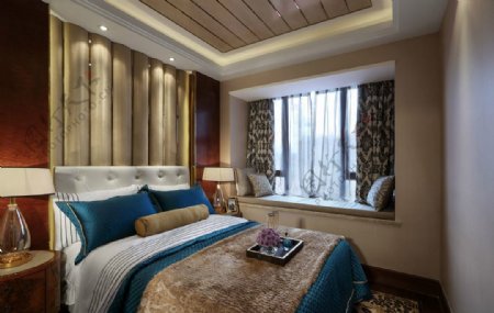 现代时尚卧室深色花纹窗帘室内装修效果图