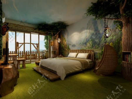 现代森系卧室绿色地毯室内装修效果图