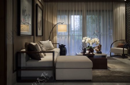 现代时尚客厅浅色薄纱窗帘室内装修效果图