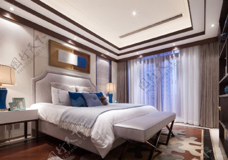 中式时尚室内卧室大床效果图
