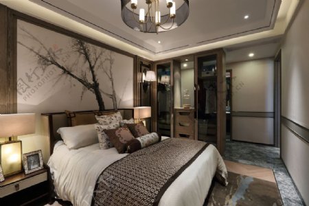 中式室内卧室大床装修设计图