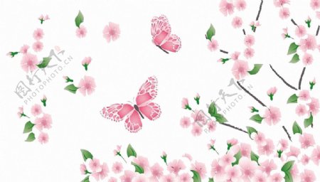 春天粉红色鲜花蝴蝶免抠png透明图层素材