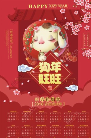 中国风2018狗年旺旺年历海报