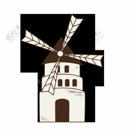手绘咖色城堡风车png元素素材